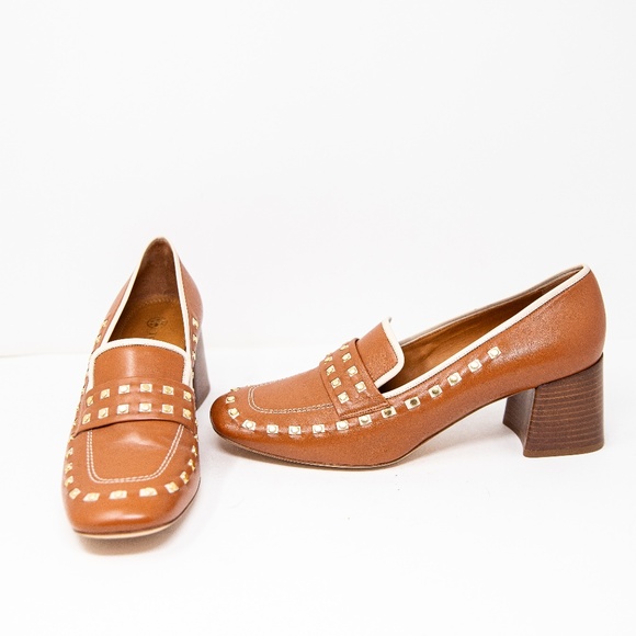NEW Tory Burch Tory Heeled Loafer Ambra Dulce De Leche Leather Studded Shoes 11